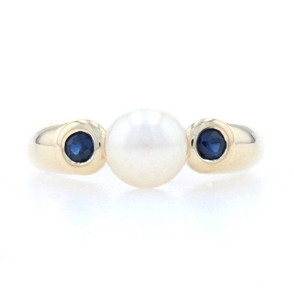 Yellow Gold Cultured Pearl & Sapphire Ring - 14k Round Cut .22ctw 6.8mm